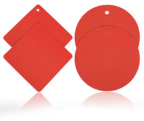 Kochblume Wabenuntersetzer Eckig & Rund 4er Set | Hitzeschutz | Als Untersetzer oder Topflappen | Premium-Silikon | Hitzbeständig | Spülmaschinenfest | Farbe: rot