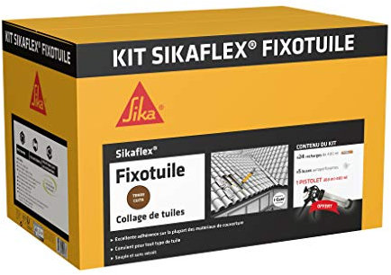 Kit Sikaflex Fixotuile Terre Cuite, Mastic polyuréthane PU spécial tuiles, mastic-colle souple pour la réparation et le collage de tuiles, 24 poches de 400ml + un pistolet d'application
