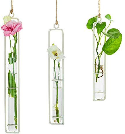 Sziqiqi Vase en Verre Créatif en Fer Forgé, Récipient Hydroponique Suspendu, Tube en Verre, Arrangement Floral, Panier Suspendu, Décoration De Plantes Suspendues De Salon Jardin, Beige