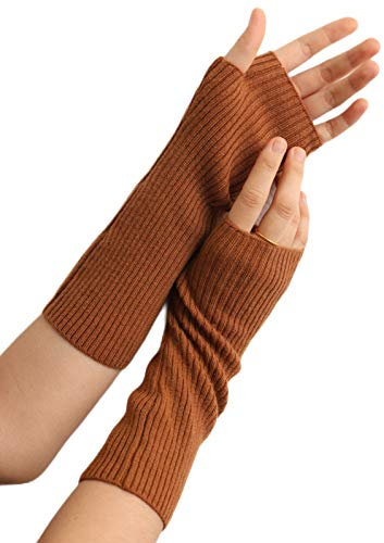Prettystern Damen mid-lange Kaschmir-Wolle Pulswärmer Arm-Stulpen fingerlose Ripp gestrickt Handschuhe Karamell-braun
