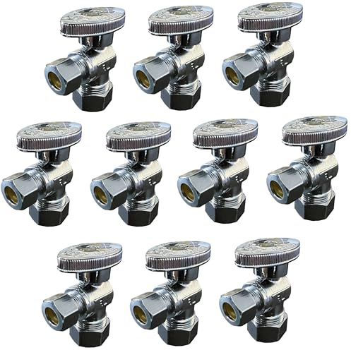 (10 Pack) EZ-Fluid 1/2 Nom. (5/8 OD) × 3/8 OD Compression Angle Stop Valve Chrome Brass, 1/4 Turn Water Shut-Off Valve for for Sink, Bathroom, Kitchen, Laundry Plumbing