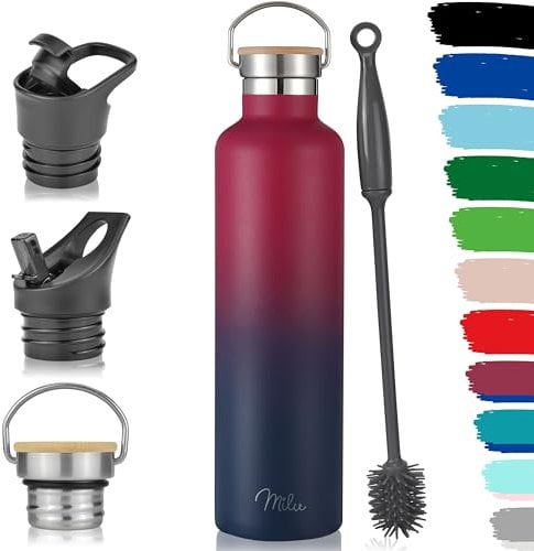 Milu Edelstahl Trinkflasche 500ml, 750ml, 1000ml (+3 Deckel) - Thermosflasche mit Strohhalm, Isolierte Wasserflasche, Auslaufsichere Isolierflasche doppelwandig, Kohlensäure geeignet (Berry Blau, 1L)