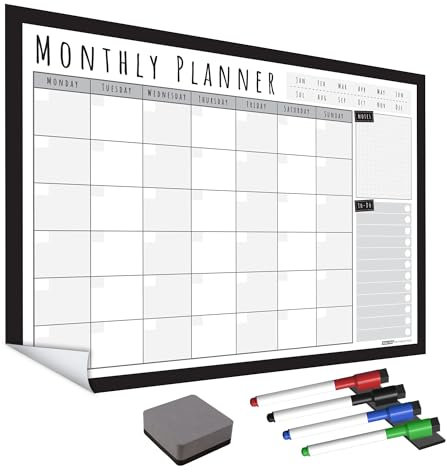 WallTAC A2 Monthly Wall Planner Sticker with Whiteboard Pens | Made in The UK | Easy-to-Remove Dry Wipe Calendar with Reusable Adhesive | Meal Planner or to Do List for Home and Office