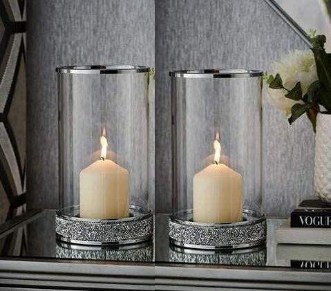 Biznest Set of 2 Silver Crystal Crushed Diamante Mirror Hurricane Holder Pillar Candle Holder for Christmas