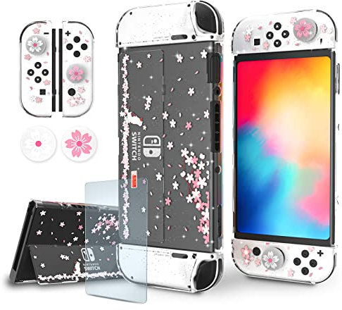 Switch OLED Schutzhülle, Switch OLED Clear Case mit Panzerglas Schutzfolie und Daumengriffen - Kirschblüte