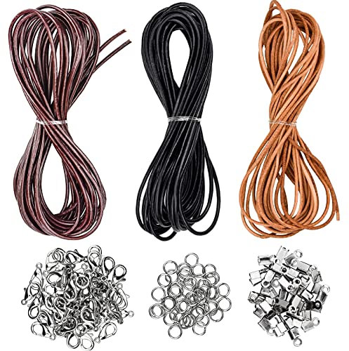 3 Pcs Cordon en Cuir Véritable, Cordon Bracelet avec 150 Anneaux Ouverts, Fermoirs Mousqueton et Extrémités Cordon pour Fabrication de Bijoux