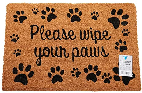 Natural Coir Mat Printed Patterned Dirt Trapper Indoor/Outdoor Door Mat Welcome Mat Non-Slip PVC Backed Doormat 60cm x 40cm (Wipe Your Paws)