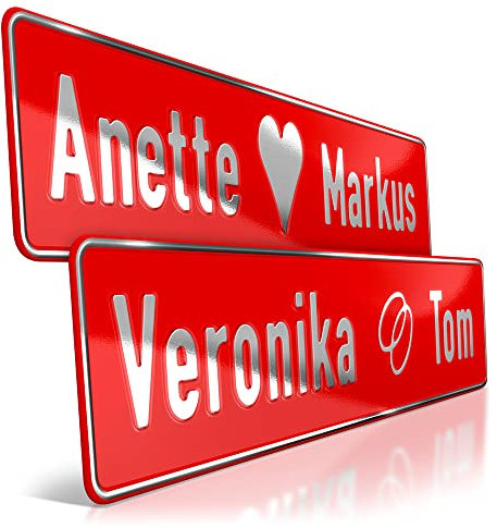 schildEVO 1 Hochzeit Autoschild Rot | Chrom Silberprägung Wunschtext | Herz & Ringe | Aluminium Hochzeitsschild | Hochzeitsauto Kennzeichen | Just Married | grod gheirat