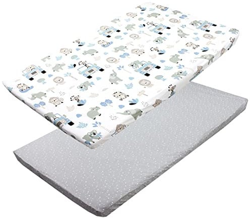 TupTam Baby Spannbettlaken Kinder Spannbetttuch für Babybett Kinderbett 2er Pack, Farbe: Zoo Blau/Sterne/Weiß/Grau, Größe: 70 x 140 cm