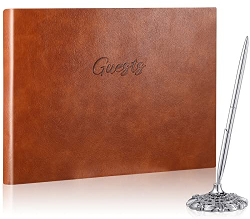 Geyee Leather Guest Book and Pen Stand Set, 10.5 x 8 Embossed Guests Sign in Book Registry Book for Funeral, Wedding Reception, Vacation Homes and Events, 80 Sheets (Brown)