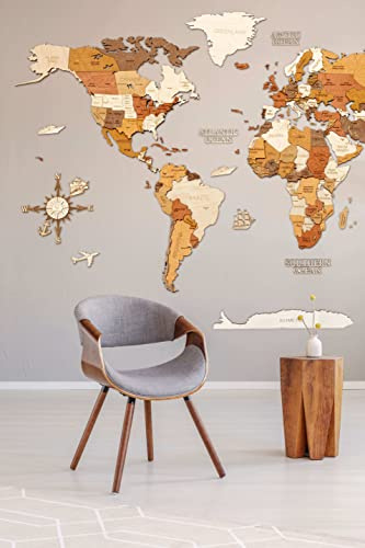Mapa del mundo de madera para decoración de pared – multicapa de madera teñida multicolor, nombres grabados – efecto único 3D, para sala de estar, oficina, dormitorio L150 Adventurer 150x85 cm