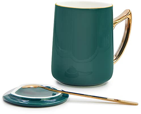 TOSSOW Ceramic Coffee Mug, Top Cup Mouth Gold Trim and Gold Handle Mug Cups, 450ml Ceramic Mug with Lid and Stainless Steel Spoon (Blackish Green)