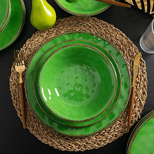 LEHAHA Vintage Crackle Melamin-Geschirr-Set, 12-teilig, Teller und Schüsseln, ideal für Camping, Wohnmobil, langlebiges und splitterfestes Bauernhaus-Geschirr-Set, Service für 4 (grün)