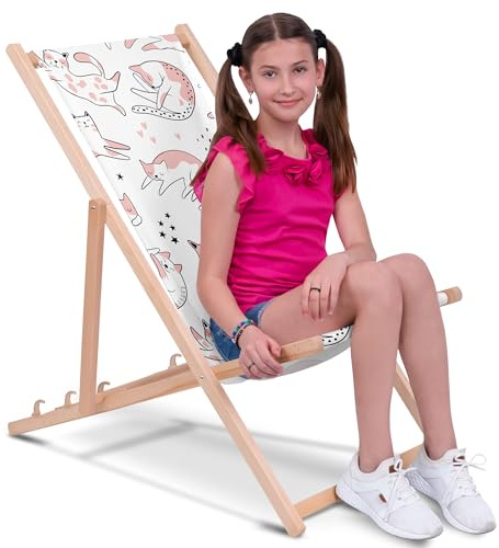 DreamRoots Kinder Liegestuhl Holz Gr. M, Pink Cats | Klappbarer Campingstuhl faltbar, für Garten & Strand, bis 130 kg, waschbarer Bezug, 100% Polyester, UV-beständig, Kinderliege