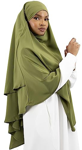 Lamis Hijab - Khimar 2 Schleier zum Überziehen aus Medinenseide, Jilbab für muslimische Frauen, verhüllt KH200, grün - vert khaki, One size