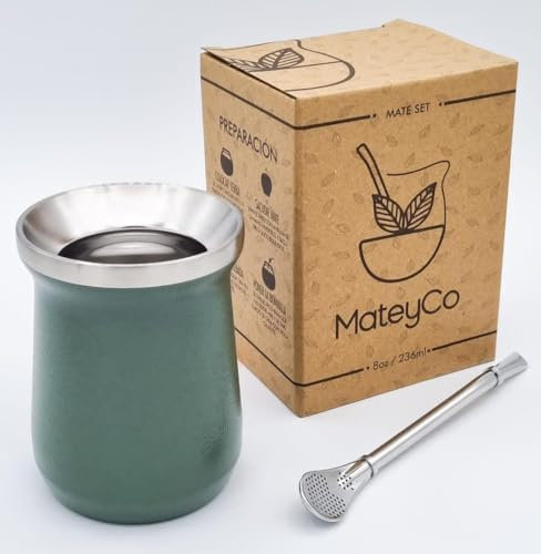 MateyCo Mate argentino brilloso con bombilla 236 ml - Kit mate argentino doble pared de acero inoxidable- Set mate argentina (Verde)