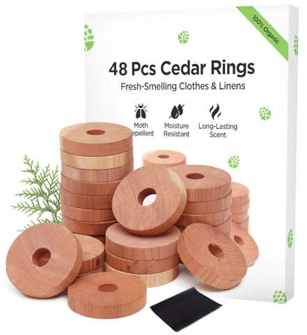 Moth Repellent for Wardrobes 48 Cedar Rings for Clothes, Drawers, Storage Boxes - 100% Natural Cedarwood Moth Repellent, Aromatic Insect Repellent & Moth Killer Cedar Wood Rings - Sandpaper Included
