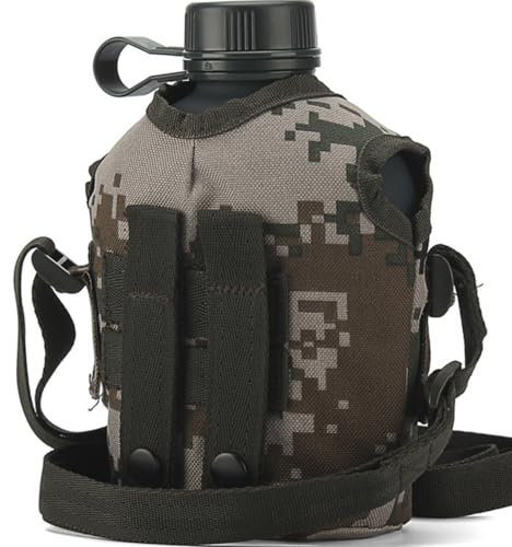 LoJax Botella de Agua Militar de Aluminio de 1 litro con Bolsa de Nailon Reforzado, Botella de Agua de cantimplora(B)