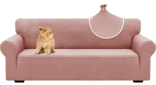 YSTELLAA Housse De Canapé 3 Places avec Accoudoirs, Universelle Housse Canapé Extensible, Protection Griffures Sofa Cover, Sofa Cover Lavable Antidérapante, Moderne, Rose Gris