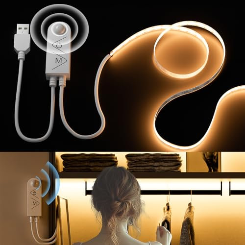 PAUTIX USB 5V COB LED Streifen mit Bewegungsmelder Warmweiß 2700K 3M, 960LEDs Dimmbar CRI90+ LED Band Selbstklebend für Treppen Kinderzimmer Schränke Bettlampenbeleuchtung