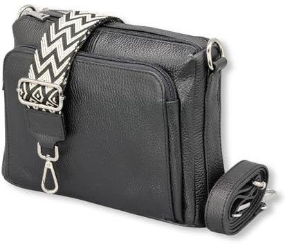 ADEL Umhängetasche Damen Echtes Leder Becky Handgemachte Crossbody Bag 5 Fächer Schultertasche mit Ledergurt + Breitem Gemustertem Riemen Verstellbarer Gurt Made in Italy (Schwarz)
