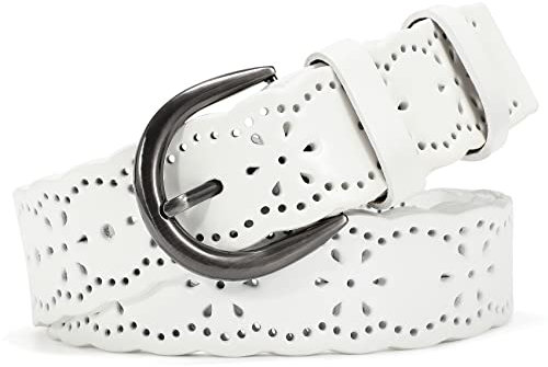XZQTIVE Damen Gürtel für Jeans Frauen hohle Blume Ledergürtel für Hosen breiter Gürtel mit soliden Pin Schnalle 1,5'' Breite,Weiß, Passt Taillengröße 130-142cm