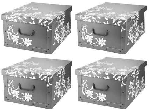 Home4You Papierbox Aufbewahrungsbox Aufbewahrungskiste - 4er Set - recycelter Karton - Grau - Rankenmuster - 51x24x37 cm