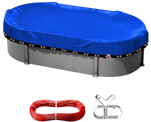 Ovale Poolabdeckung für oberirdische Winterpools, rechteckige Poolabdeckungen, strapazierfähig, langlebig, reißfest, wasserdicht, UV-PE-Material, kältebeständig, schneefest, Seilwinde und Kabel-Set