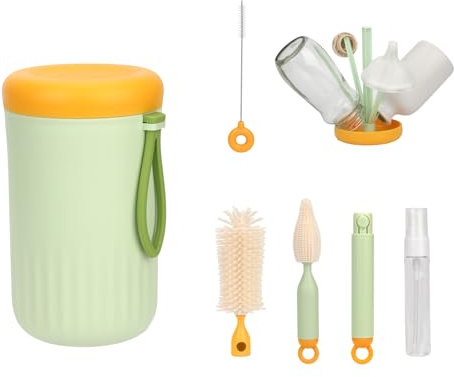 7pcs Kit de Nettoyage Biberon de Voyage, 7 en 1 Portable Ensemble de Brosse Biberon Voyage Comprend un Support de Séchage Une Brosse de Nettoyage pour Tétine Essentiels pour Bébé (Vert)