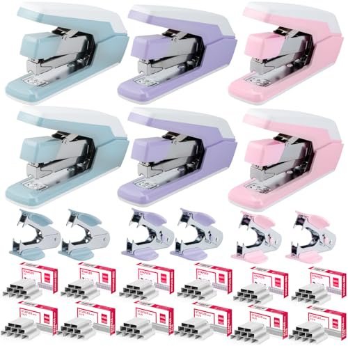 Deli Stapler, Effortless Staplers for Desk, 40-50 Sheet Capacity Heavy Duty, One Touch, No Effort, Easy to Load, with 1500 Staples & Staple Remover, 6 Pack, 3 Colors