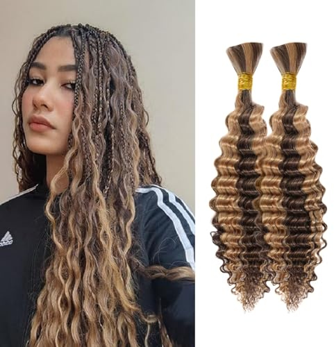 YYQXZG Deep Wave Bulk Braiding Hair 16 Inch Water Wave Hair No Weft Wavy Synthetic Curly Hair Extensions for Boho Braids (P4/27, 2Bundles,100g)