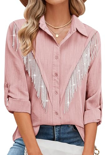MYMORE Nashville Chemise boutonnée à Manches 3/4 pour Femme | Nashville Cowboy Rodeo Music Festival Tenues, chemise boutonnée à manches longues roulées 3/4