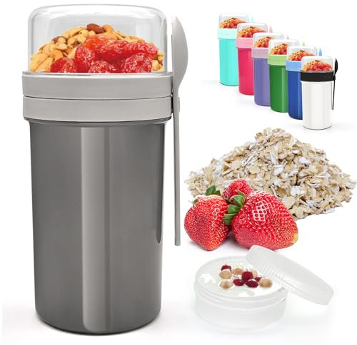XJIANFU Müslibecher to Go 250ml+650ml,Auslaufsicherer Lunchpot Müsli Cup to Go Becher mit Löffel,Müslibecher to Go,to Go Müslibecher,Joghurtbecher to Go(3565-Grey)