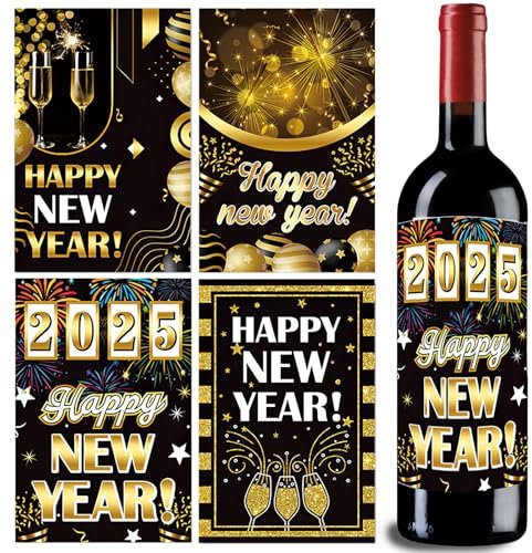 8 Stück Flaschenetiketten Selbstklebend,Silvester Deko 2025,Happy New Year Deko 2025,Silvester Mitbringsel,Neujahr Deko Geschenke,Weinetiketten Selbst Gestalten,Aufkleber für Weihnachten Neujahr Party