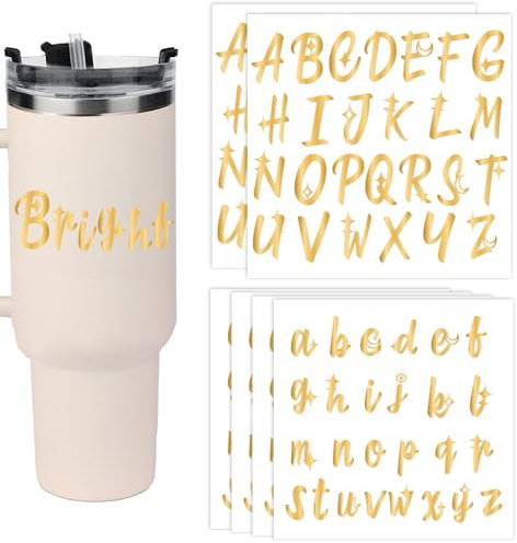 6 Bogen Buchstaben Aufkleber für Stanley Cup, Hochwertige Vinyl und Papier Wasserfeste Transferaufkleber Tassen Groß- Kleinbuchstaben Namensaufkleber Dekoration Wasserflaschen Glas(Gold)