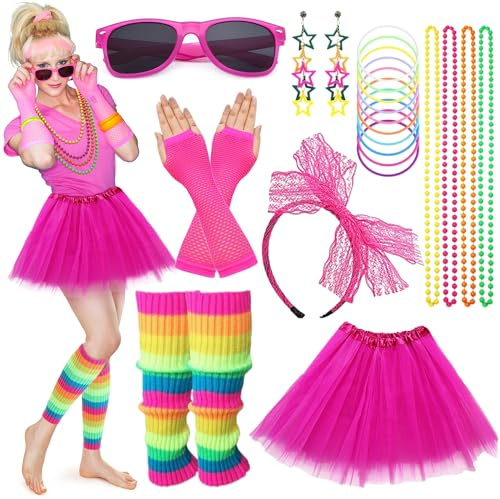 Edmirfun Deguisement Annee 80 Femme Accessoire Fluo, 8 Pièces Accessoires Pour Femmes Disco,Tutu Rose Fluo, Gants En Maille, Convient Pour Les Soirées à Thème Disco Drag Des Années 8090 Et Carnavals