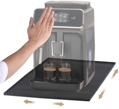 Javonix Unterlage für Kaffeemaschine und Kaffeevollautomat Wasserdicht, Anti-Rutsch, leicht verschiebbar,saugfähig–Silikonmatte mit Filz, Kompatibel mit De Longhi, Philips, Siemens usw Schwarz 48x30cm