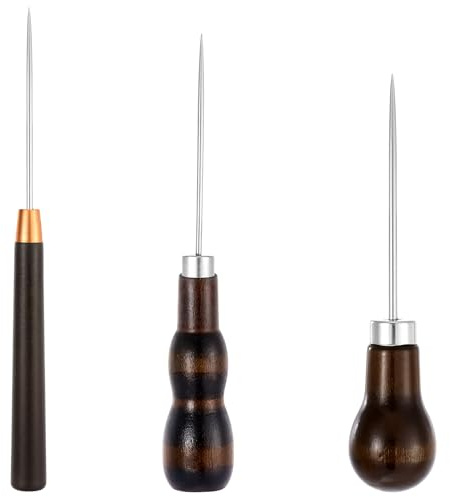 BOHUIZ 3 Stück Ahle Werkzeug Vorstecher mit Holzgriff, Leder Werkzeug Ledernadel Prickelnadel Leder Nähen für DIY Nähahle Handwerkzeug Lederverarbeitung
