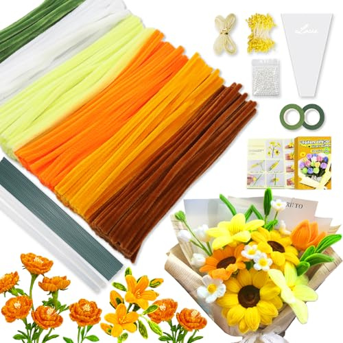 iDattel Pfeifenreiniger blumen set,pfeifenputzer zum Basteln 500 Stück in 6 Farben,Pfeifenreiniger blumen Mit Blumenstöcke,Klebebandrollen,Klebestifte,Anleitungen,Staubgefäße,Lidschatten（orange）