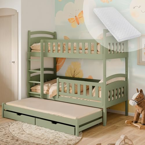 Kids Collective Hochbett 90x200 Etagenbett Kinderbett Jugendbett Stockbett mit 2 Schubladen Kinder Bett umbaubar in 3 Einzelbetten von 4. bis 16. Lebensjahr inkl. Lattenrosten & 3 Matratzen olivgrün