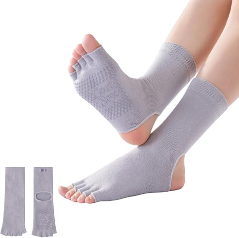 CoziSox 2 Paar Yoga Zehensocken Damen Rutschfest mit Offene Zehen und Fersen, Atmungsaktive Pilates Socken Anti-Rutsch Silikon für Barre Fitness Yoga Tanz, Baumwolle EU 35-42 (Grau)