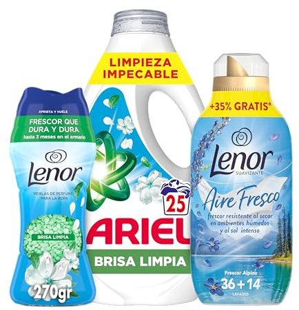 Ariel & Lenor Pack: Edición Limitada Costa Mediterránea – Detergente Líquido (25 Lavados), Perlas de Perfume (22 Lavados), y Suavizante Aire Fresco (50 Lavados)