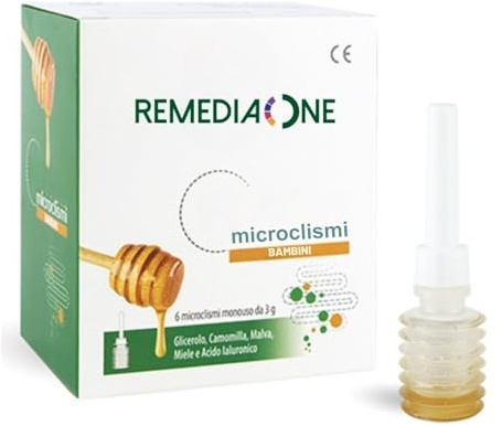 REMEDIA ONE Microclismi Bambini Naturali, 6 Monodose da 3 g | Clistere per Pulizia Intestino con Glicerolo, Camomilla, Malva, Miele, Acido Ialuronico, Emolliente, Lenitivo, Pronto All’Uso