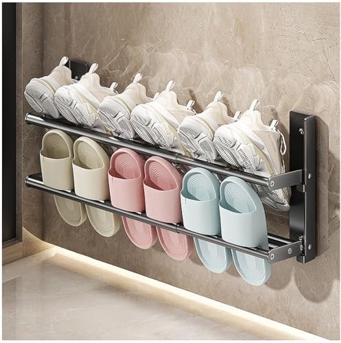 NUODWELL Schuhregal Wand, 2 Ebenen 37-67cm Ausziehbar Schuhablage | Faltbar Metall Schuhhalter Schmal Platzsparend für Wohnwagen, Korridor Badezimmer und Wohnzimmer