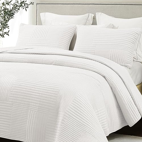 Whale Flotilla Tagesdecke Bettüberwurf 220x240 cm aus Mikrofaser | Bedspreads mit 2 Kissenbezüge, Weiche und Leichte Steppdecke mit Streifenmuster, für alle Jahreszeiten, Weiß