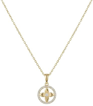 Suzan Gold® 375 Echtgold Halskette Damen mit rundem Kleeblatt Anhänger und Zirkonia Rahmen elegant wasserfest Geschenkidee – Cloverion Halo – feiner Goldschmuck