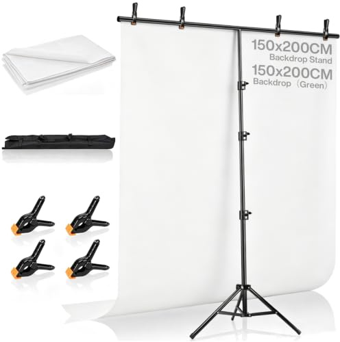 1.5 * 2M Adjustable Backdrop Stand Kit, with Portable T-Shaped Stand, White | Backdrop Stand with White Backdrops and 4 Clamps, Portable Bag, for Photography Studio, Parties, Weddings, Decorations