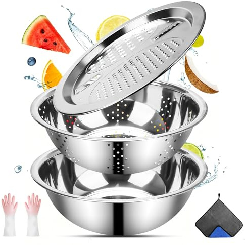 Juego de colador multifuncional de acero inoxidable de 3 piezas con tapa ralladora y toalla de corte y cuenco para verduras y frutas