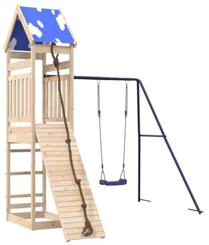 Spielturm Massivholz Kiefer mit Schaukel, Klettergerüst, Sandkasten und Rutsche, Outdoor Spielgerät für Kinder im Garten, stabiles Holz Stelzenhaus mit Seil und Nest