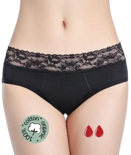 Perioden Unterwäsche = 2-3 Tampons - Waschbar - Baumwolle - Ökologisch - Menstruation - Unterwäsche für die Periode - Periodenslips - Absorbierend - Mädchen Damen - XXS / 4XL (Spitzenborte, S)